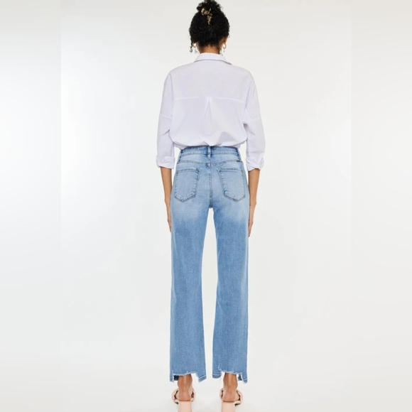 KanCan High-Rise Waist Distressed Raw Hem Wide Straight Leg Mom Denim Jean Pants - Picture 13 of 14